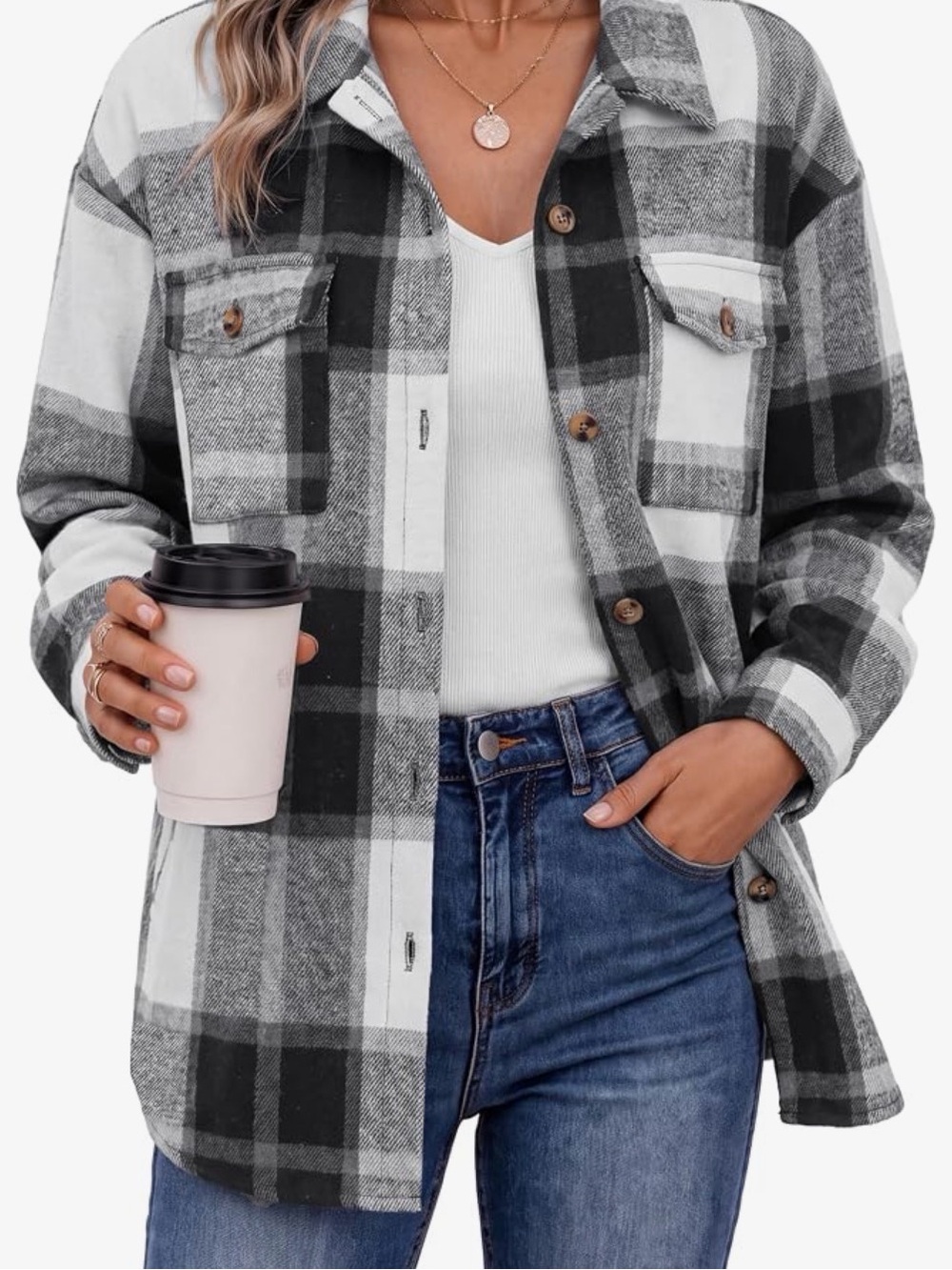 Women's Black & White Plaid Shacket Jacket